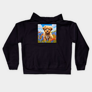 Yorkipoo Puppy in Texas Wildflower Field Kids Hoodie